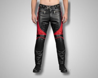 Men’s Black and Red Faux Leather Biker Pants – Padded Knee Streetwear