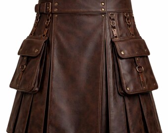 Men’s Brown Leather Utility Kilt – Gothic Punk Fashion with Chains & Pockets