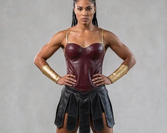 Women's Warrior Leather Costume: Burgundy Corset, Gladiator Skirt, Custom Colors Available