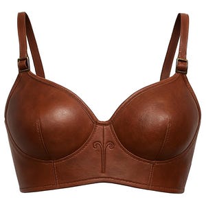May include: A brown leather bra with adjustable straps and a decorative emblem on the center. The bra features a classic design with a structured fit and a smooth, polished finish. The straps have metal buckles.