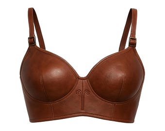 Women’s Brown Leather Bra – Handmade Fancy Bralette with Molded Cups & Decorative Stitching