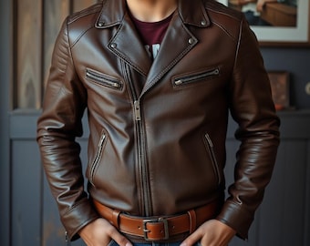 Men’s Brown Leather Biker Jacket – Quilted Vintage Moto