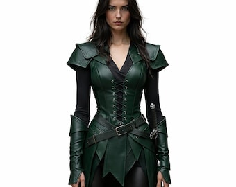 Dark Green Fantasy Leather Armor Costume – Women's Custom Fit Cosplay Outfit