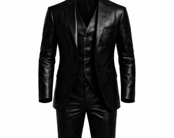 Men’s Luxury Shiny Black Leather Three-Piece Suit