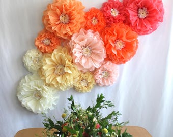 Coral Peach Paper Flower Wall Decor, Tissue Peony Backdrop (Set of 10)