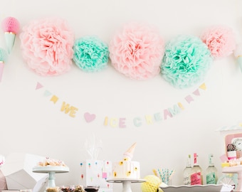 Tissue paper pom poms // girl birthday party decorations // Ice cream party decorations // bridal shower decorations // mint and blush decor