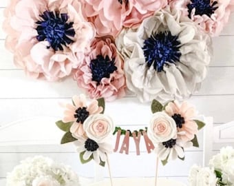 Tissue Paper Flower Wall Decor, Navy and Pink, Set of 7