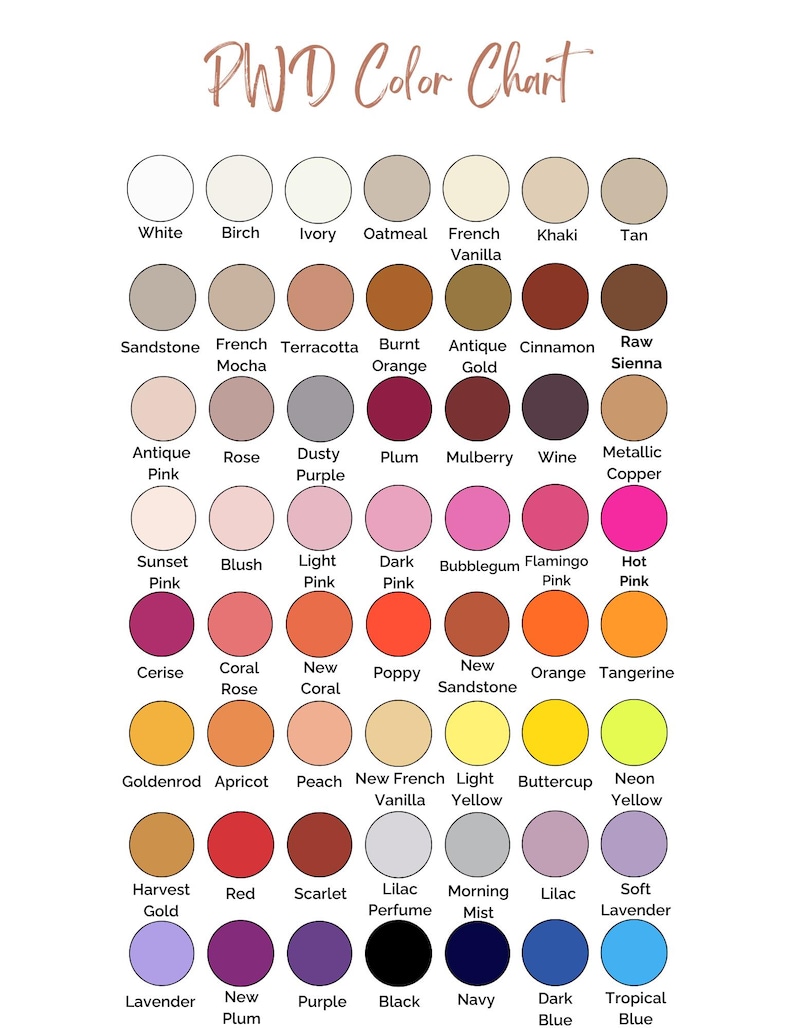 May include: Color chart with 49 different color swatches. The chart is labeled "PWD Color Chart".