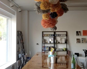 Tissue paper pom poms, front window display, gender neutral baby shower decorations, rustic wedding decorations, barn wedding reception