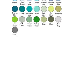 May include: A color chart with 18 different shades of blue, green, and gray. The colors are arranged in a pyramid shape, with the lightest colors at the top and the darkest colors at the bottom. The names of the colors are listed below each color swatch.