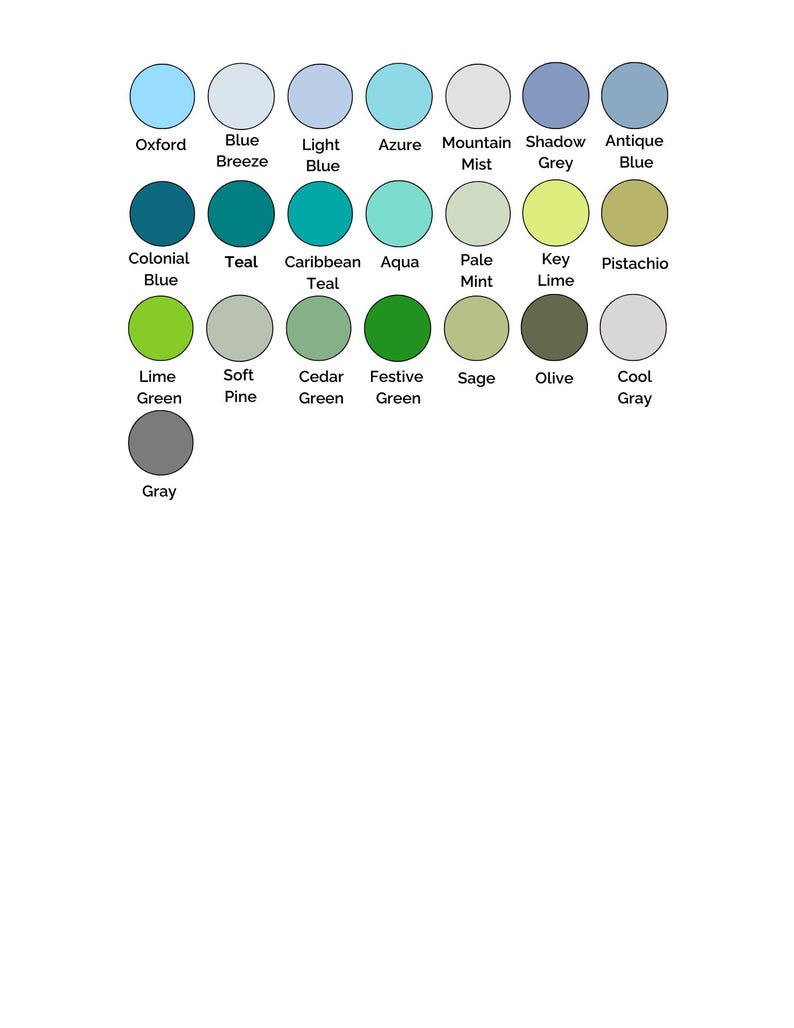 May include: A color chart with 18 different shades of blue, green, and gray. The colors are arranged in a pyramid shape, with the lightest colors at the top and the darkest colors at the bottom. The names of the colors are listed below each color swatch.