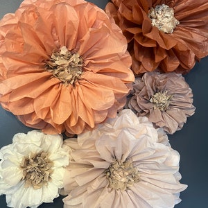 May include: Five tissue paper flowers in various shades of brown, pink, and white. The flowers are arranged on a dark blue wall.