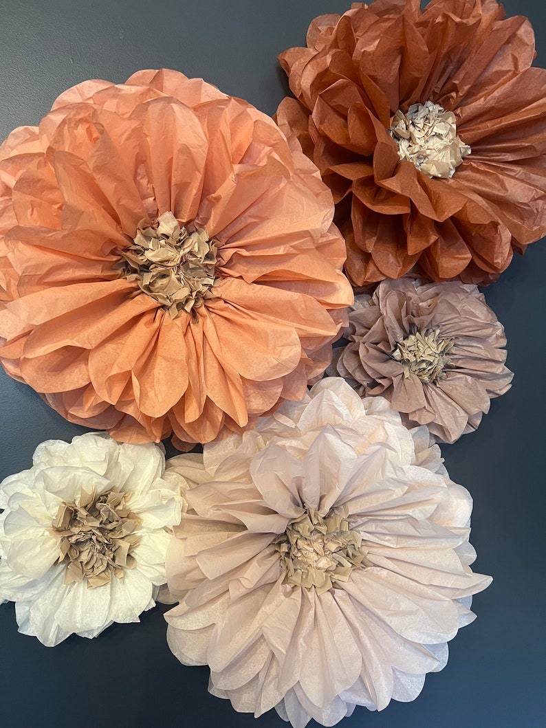 May include: Five tissue paper flowers in various shades of brown, pink, and white. The flowers are arranged on a dark blue wall.