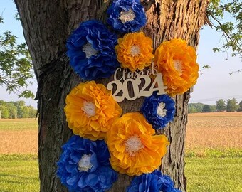 Blue and Gold Tissue Paper Flowers, Graduation Party Decor (Set of 5)