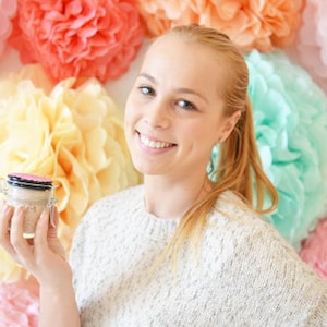 Tissue paper pom poms, baby shower decorations, baby mobile, hanging pom poms, birthday party decorations, first birthday party decorations