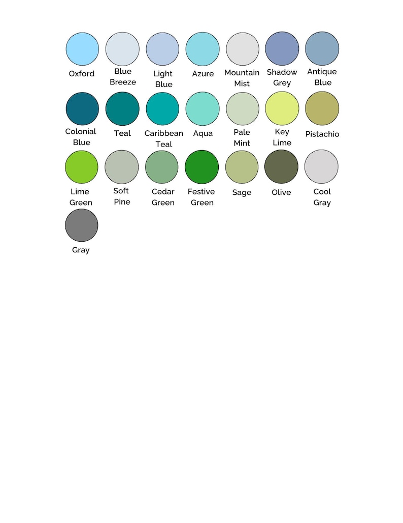 May include: A color chart with 18 different shades of blue, green, and gray. The colors are arranged in a pyramid shape, with the lightest colors at the top and the darkest colors at the bottom. The names of the colors are listed below each color swatch.
