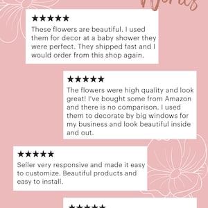May include: Four customer reviews with five stars each. The reviews are positive and highlight the quality, beauty, and ease of use of the products. The reviews mention the products being used for decor, business, and home.