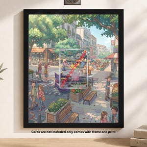 Puede incluir: Una impresión enmarcada que representa una animada escena de la calle de la ciudad con personas, tiendas y árboles. Una carta de Pokemon se muestra frente a la impresión. El marco es negro. El texto en la impresión dice "Cards are not included only comes with frame and print."