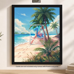 May include: A black rectangular frame containing a print of a tropical beach scene with palm trees, blue water, and a sandy shore. A central trading card is displayed with the red text CARD IS NOT INCLUDED. The text Cards are not included only comes with frame and print is at the bottom.
