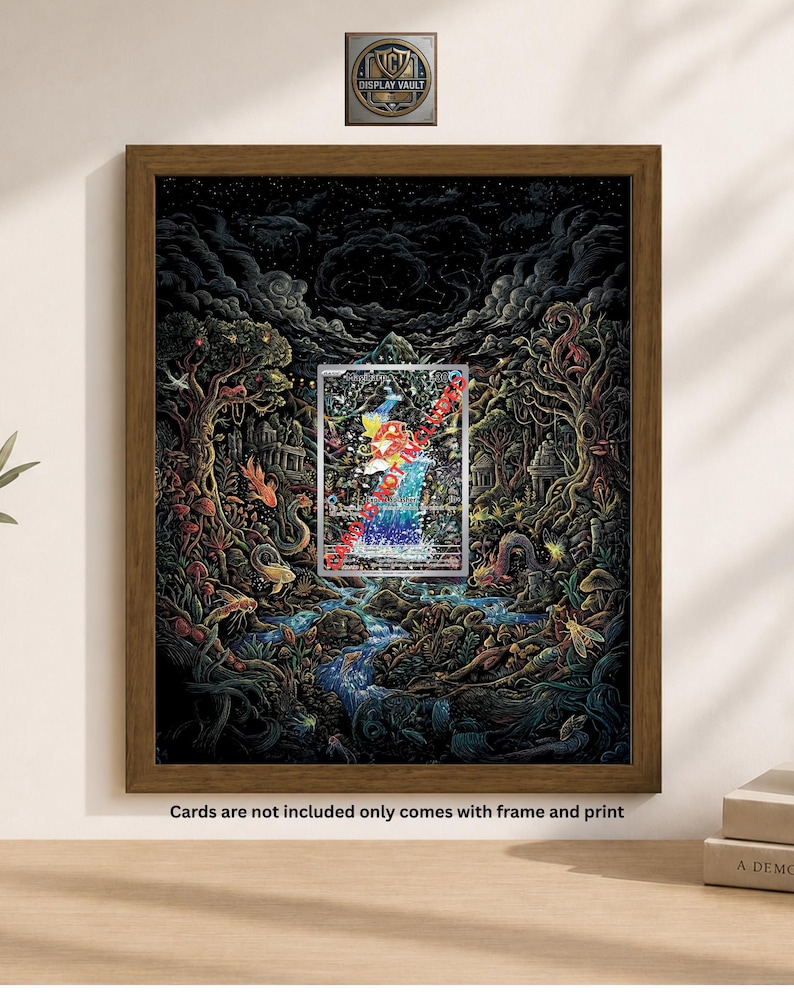 Pode incluir: Uma impress&atilde;o de arte emoldurada com uma cena de paisagem de fantasia. A obra apresenta uma cachoeira vibrante, vegeta&ccedil;&atilde;o exuberante e um c&eacute;u noturno estrelado. A moldura &eacute; marrom quente. O texto diz: "Cards are not included only comes with frame and print."