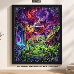 May include: A framed print with a fantasy illustration, featuring a trading card at the centre. The artwork displays a gothic scene with swirling purple, green, and orange hues. The black frame surrounds the print, with the text "Cards are not included only comes with frame and print".