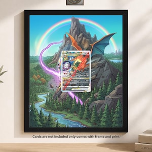 May include: A black framed wall art print featuring a Charizard trading card centered over a landscape illustration of a mountain, a winding river, a forest, and a rainbow. The text "Cards are not included only comes with frame and print" is below.
