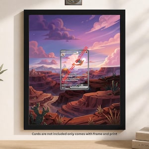 May include: A black rectangular frame containing a print of a desert landscape at sunset with purple and orange clouds, a canyon, and cacti. A Charizard trading card is centered in the frame with red text overlay stating NOT INCLUDED.