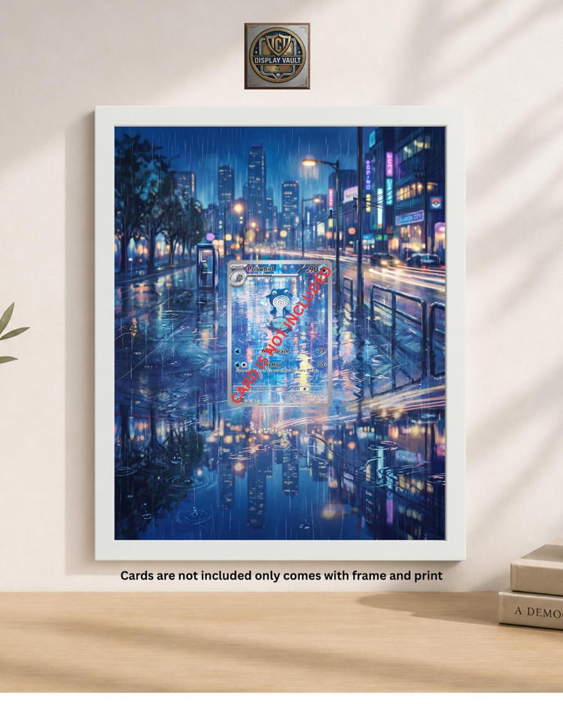 May include: A framed print featuring a rainy cityscape at night, with reflections on wet streets. The artwork has a vibrant color palette of blues, purples, and yellows. The frame is white. Text on the print reads "NOTINCI". The text at the bottom says "Cards are not included only comes with frame and print".