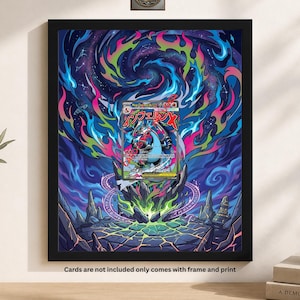 May include: A black framed wall art print featuring a central trading card with Japanese text, surrounded by a vibrant, swirling cosmic background of blue, purple, and neon green flames emanating from a rocky, cracked ground with glowing energy.