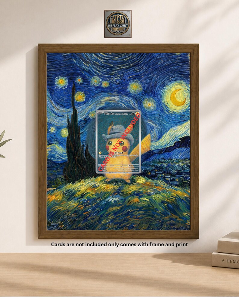 May include: A framed print featuring a stylized Pikachu character in a hat, set against a backdrop inspired by Van Gogh's "Starry Night." The print is in a brown wooden frame. The text "Cards are not included only comes with frame and print" is at the bottom.