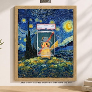 May include: A framed print featuring a Pikachu character in a hat, set against a backdrop inspired by Van Gogh's "Starry Night." The artwork is encased in a wooden frame. The print includes text that reads "Cards are not included only comes with frame and print."