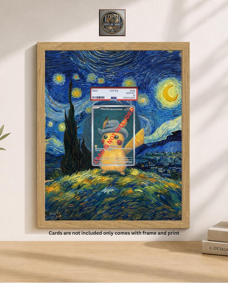 May include: A framed print featuring a Pikachu character in a hat, set against a backdrop inspired by Van Gogh's "Starry Night." The artwork is encased in a wooden frame. The print includes text that reads "Cards are not included only comes with frame and print."