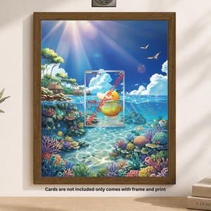 May include: A framed print featuring an underwater scene with a cartoon character card. The artwork depicts a vibrant coral reef, clear blue water, and a sunny sky. The frame is brown. Text on the print reads "Cards are not included only comes with frame and print."