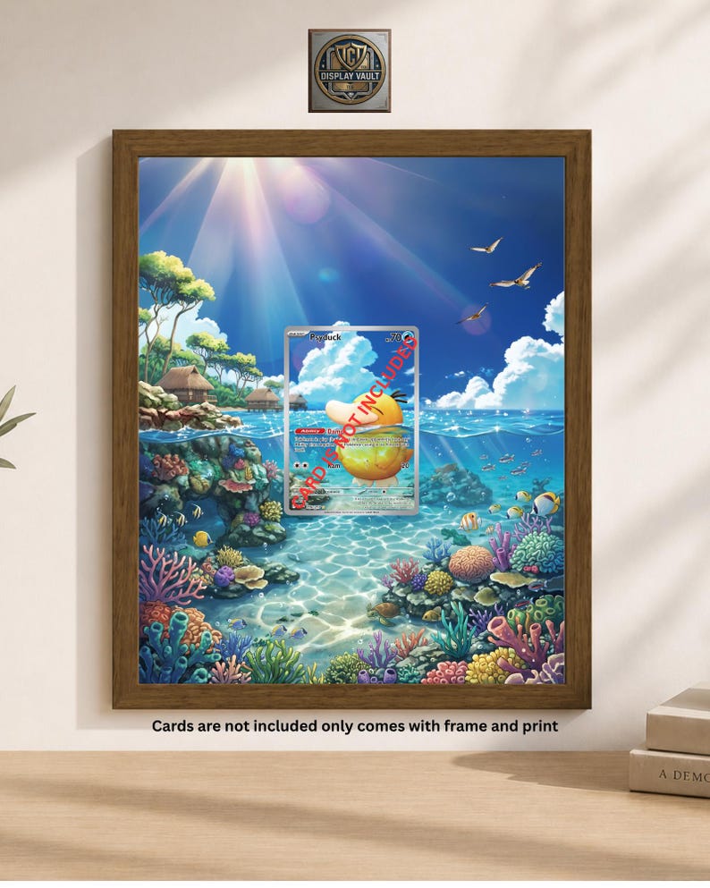 May include: A framed print featuring an underwater scene with a cartoon character card. The artwork depicts a vibrant coral reef, clear blue water, and a sunny sky. The frame is brown. Text on the print reads "Cards are not included only comes with frame and print."
