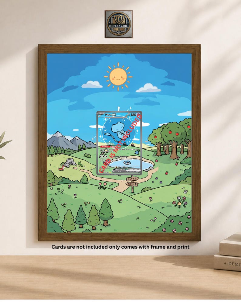 May include: A framed print featuring a cartoon landscape with a sunny sky, green hills, and a lake. A Pokemon card is displayed in the center. The frame is brown. Text on the print reads "Cards are not included only comes with frame and print."