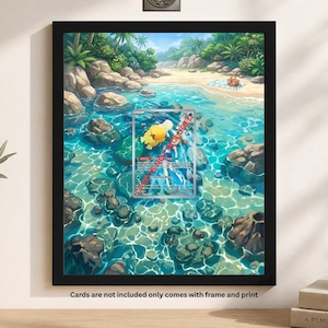 Op de afbeelding: Zwart ingelijste print van een tropische strandscène met helder turkoois water en een zandstrand. Een Pokémon-kaart is zichtbaar in het midden. De tekst "Cards are not included only comes with frame and print" staat onderaan.