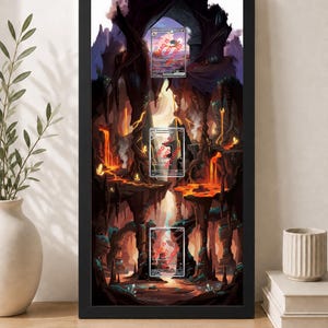 May include: A framed print featuring a fantasy landscape with lava and rock formations. The artwork is displayed in a black frame, with three card-shaped spaces. The text "Cards are not included only comes with frame and print" is visible at the bottom.
