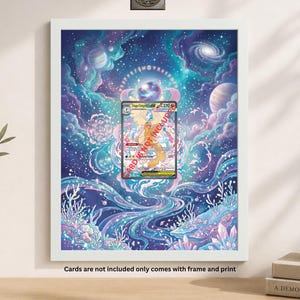 May include: A framed print featuring a vibrant, cosmic illustration with swirling blues, purples, and pinks. The artwork includes planets, galaxies, and a central trading card. The text "Cards are not included only comes with frame and print" is visible.