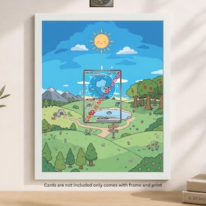 May include: A framed print featuring a cartoon landscape with a sunny sky, mountains, and a lake. A holographic card is displayed in the center. The text "Cards are not included only comes with frame and print" is at the bottom.