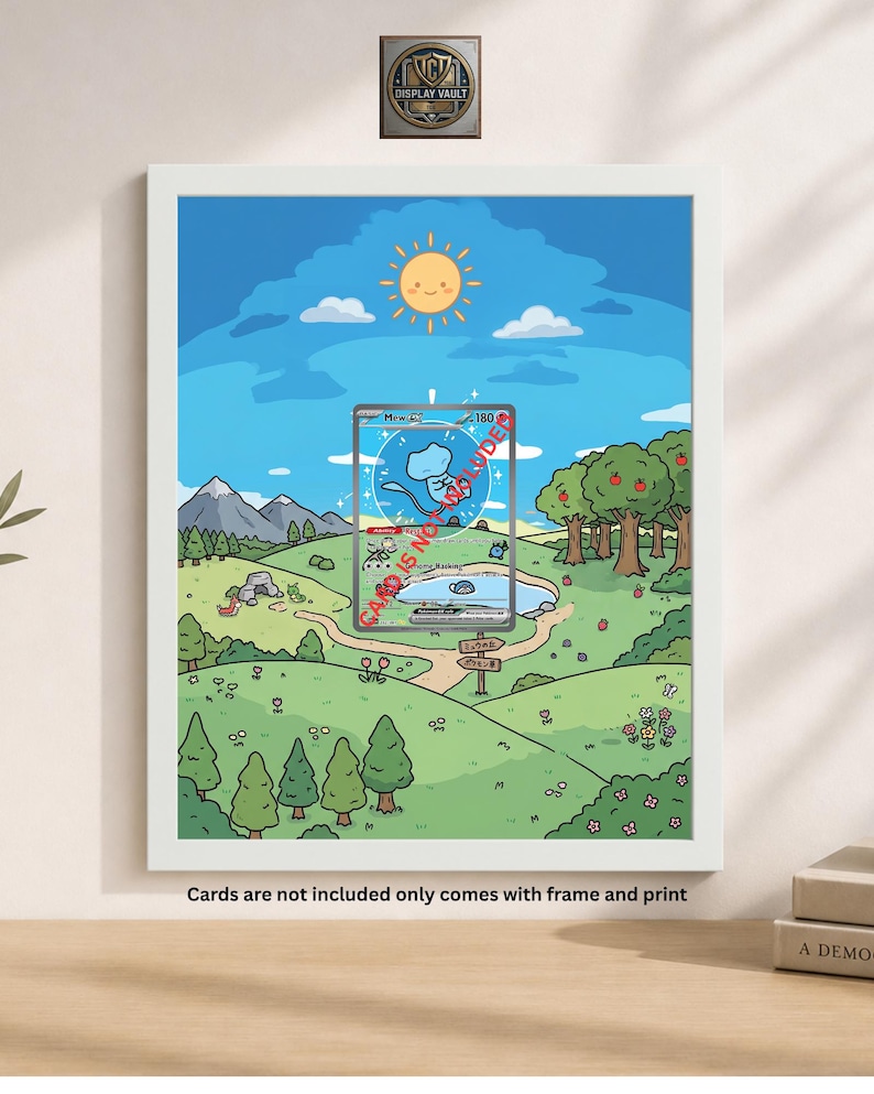 May include: A framed print featuring a cartoon landscape with a sunny sky, mountains, and a lake. A holographic card is displayed in the center. The text "Cards are not included only comes with frame and print" is at the bottom.