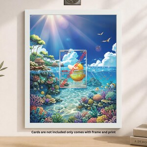 May include: A framed print featuring a vibrant underwater scene with a cartoon duck card. The artwork showcases a sunny seascape with colorful coral reefs, fish, and a clear blue sky. The text "Cards are not included only comes with frame and print" is visible.