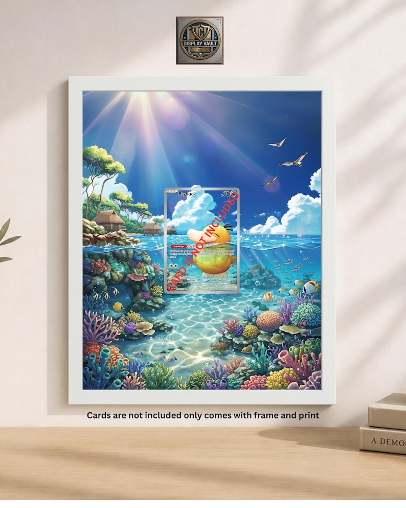May include: A framed print featuring a vibrant underwater scene with a cartoon duck card. The artwork showcases a sunny seascape with colorful coral reefs, fish, and a clear blue sky. The text "Cards are not included only comes with frame and print" is visible.