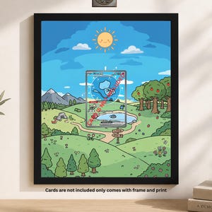 May include: A framed print featuring a cartoon landscape with a lake, trees, and a smiling sun. A trading card with a blue creature is visible in the center. The frame is black, and the text "Cards are not included only comes with frame and print" is at the bottom.