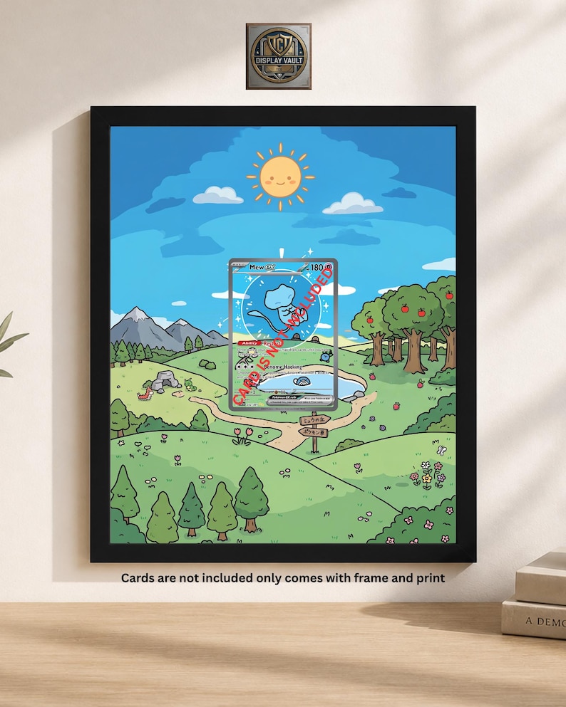 May include: A framed print featuring a cartoon landscape with a lake, trees, and a smiling sun. A trading card with a blue creature is visible in the center. The frame is black, and the text "Cards are not included only comes with frame and print" is at the bottom.
