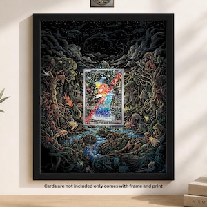 Pode incluir: Impress&atilde;o art&iacute;stica emoldurada com uma paisagem de fantasia detalhada com uma imagem retangular central de uma cachoeira e figuras coloridas. A obra de arte est&aacute; emoldurada em uma moldura preta, com o texto "Cards are not included only comes with frame and print" na parte inferior.