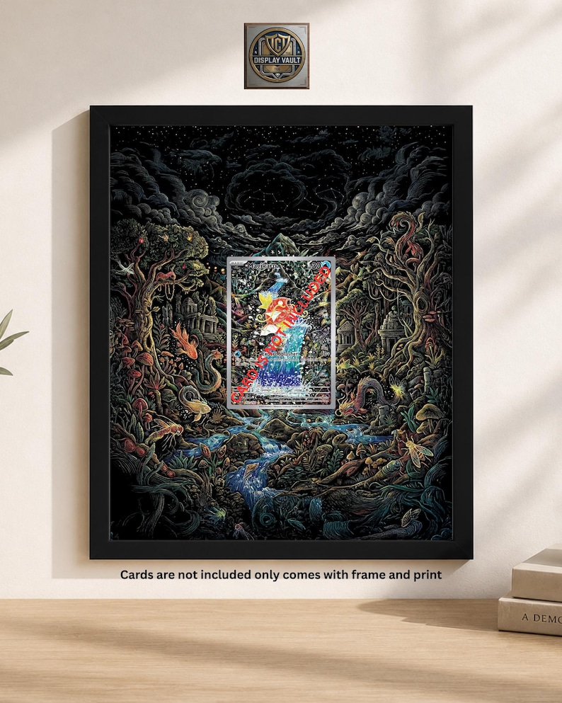 Pode incluir: Impress&atilde;o art&iacute;stica emoldurada com uma paisagem de fantasia detalhada com uma imagem retangular central de uma cachoeira e figuras coloridas. A obra de arte est&aacute; emoldurada em uma moldura preta, com o texto "Cards are not included only comes with frame and print" na parte inferior.