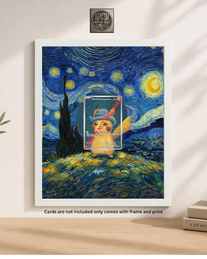 May include: White framed print featuring a Pikachu card superimposed on Van Gogh's "Starry Night." The artwork includes a yellow Pikachu wearing a hat, set against a swirling blue night sky with stars and a crescent moon. The text "NOT INCLUDED" is visible on the card.