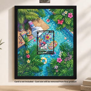 May include: A rectangular black frame containing a vibrant illustration of a swimming pool surrounded by lush tropical foliage, pink hibiscus flowers, and a wooden deck. A Starmie V trading card is centered over the pool scene in the display.