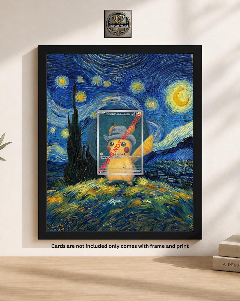 May include: Framed print featuring a Pikachu character card superimposed on a starry night landscape, reminiscent of Van Gogh's style. The print is in a black frame. The text "Cards are not included only comes with frame and print" is at the bottom.