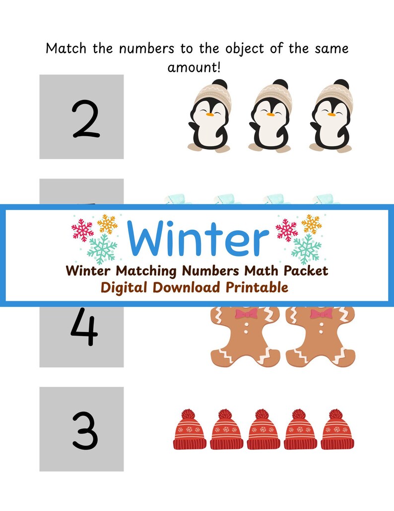 Winter Preschool Kindergarten 1st Grade Matching Numbers Worksheet ...
